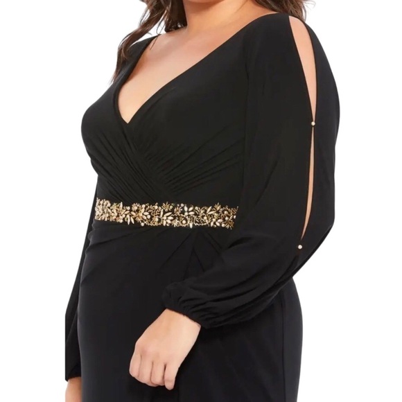 Mac Duggal Jersey V Neck Maxi Dress Gold Beaded Size 20 Leg Slit Formal - Picture 3 of 12